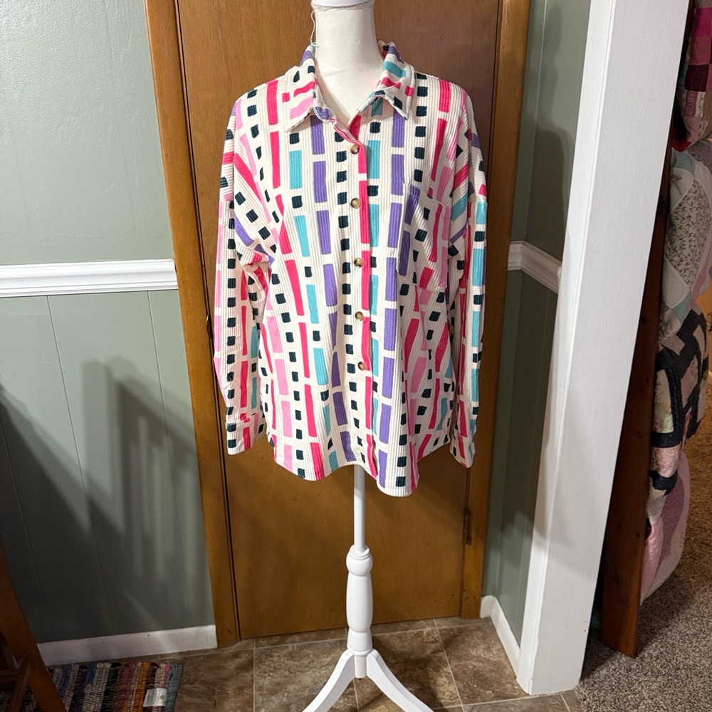 NWT Emily Wonder Multicolor Corduroy Button Top Size L